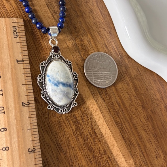 Garnet & Blue Scheelite Pendant Necklace Jewelry Set Lot Sapphire Earrings 925 - Picture 8 of 8